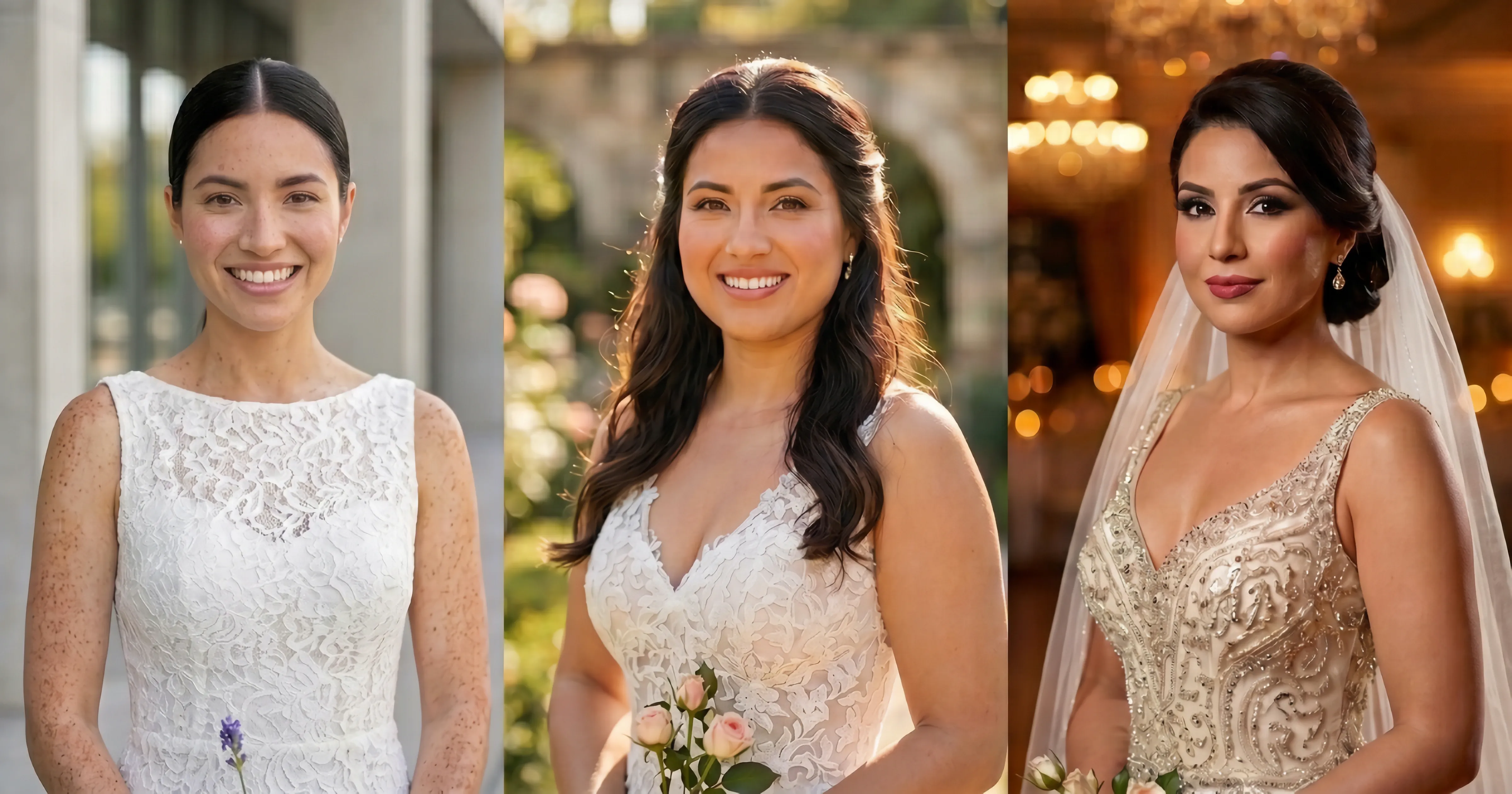 Selección de maquillaje y peinados para novia en boda civil, ceremonia de día y celebración de noche.